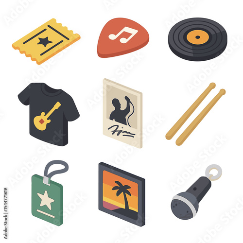 Music Souvenirs Icons. Isometric Flat icon set of music souvenir items: concert ticket, guitar pick, vinyl record, band T-shirt,