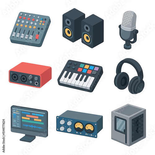 Music Production Equipment Icons. Isometric Flat icon set of Music Production Equipment: mixing console, studio monitors,