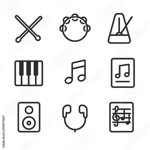 Music Icon Set. Outline icon set of music and rhythm elements: drumstick, tambourine, metronome, keyboard keys, musical note,