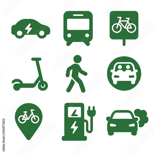 Green Transportation Icons. Solid, filled icons set of green transportation methods: electric vehicle, public