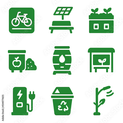 Green Urban Icons. Solid, filled icons set of green urban infrastructure: bike lane, solar-powered bench,