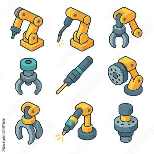 Robotic Arm Icons. Isometric Flat icon set of robotic arms and end-of-arm tools: articulated robot arm, welding torch, gripper,
