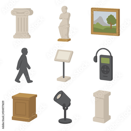 Isometric Museum Icons. Isometric Flat icon set of museum gallery stroll: Doric column, marble statue, framed painting, visitor