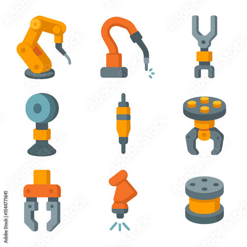 Robotic Arm Icons. Isometric Flat icon set of robotic arms and end-of-arm tools: articulated robot arm, welding torch, gripper,