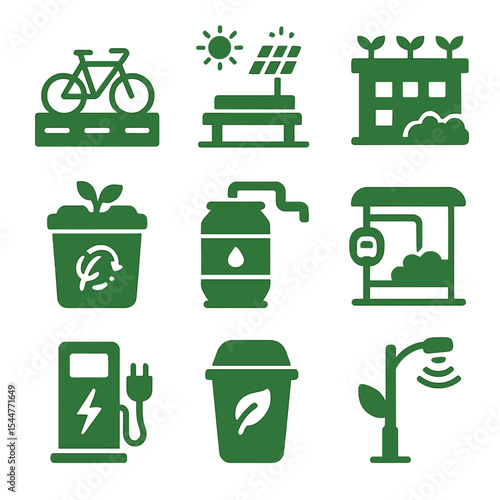 Green Urban Icons. Solid, filled icons set of green urban infrastructure: bike lane, solar-powered bench,