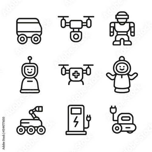 Robotic Assistant Icons. Outline icon set of robotic street assistants: delivery robot, maintenance drone, security droid,