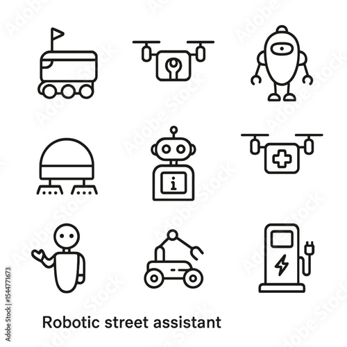 Robotic Assistant Icons. Outline icon set of robotic street assistants: delivery robot, maintenance drone, security droid,
