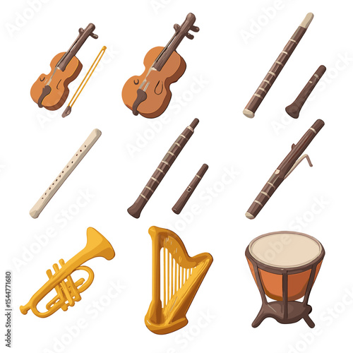 Musical Instruments Icons. Isometric Flat icon set of musical instruments: violin, cello, flute, oboe, bassoon, trumpet, French