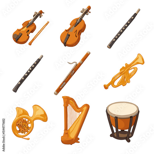 Musical Instruments Icons. Isometric Flat icon set of musical instruments: violin, cello, flute, oboe, bassoon, trumpet, French