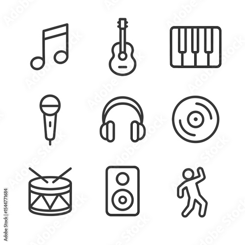 Musical Icon Set. Outline icon set of musical joy: musical note, guitar silhouette, piano keys, microphone, headphones, vinyl