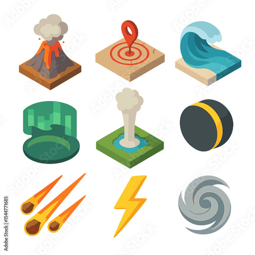 Natural Phenomena Icons. Isometric Flat icon set of natural phenomena: erupting volcano, earthquake epicenter mark, tsunami wave,