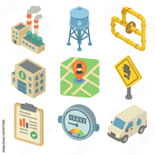 Natural Monopoly Icons. Isometric Flat icon set of Natural Monopoly: power plant building, water utility tower, pipeline network,
