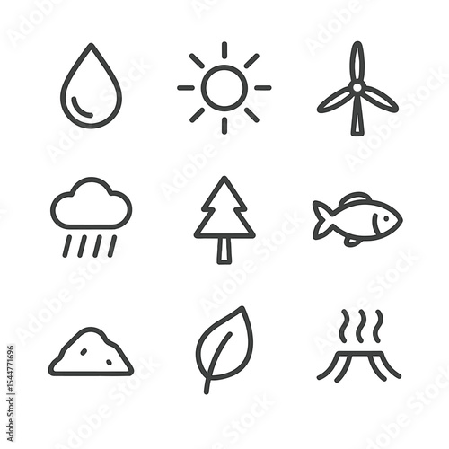 Natural Resources Icons. Outline icon set of natural resources: freshwater drop, sunlight beam, wind turbine, raincloud, forest