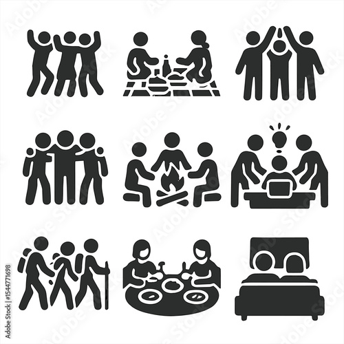 Group Activities Icons. Solid, filled icons set of group activities and bonding: group dance, picnic scene, group cheer, friendship circle, campfire chat, team project,