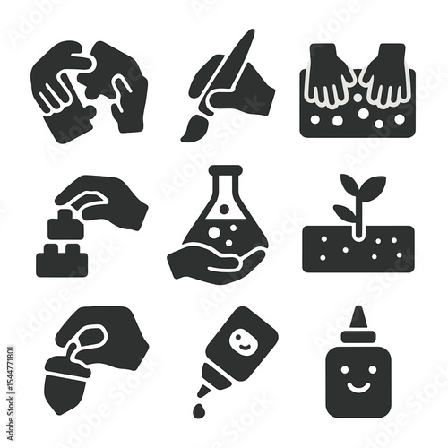 Hands-On Learning Icons. Solid, filled icons set of hands-on learning for kids: busy hands, creative play,