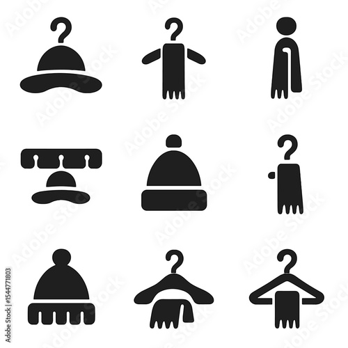 Hanging Winter Accessories Icons. Solid, filled icons set of hanging hats and scarves: coat hook, hat icon, scarf icon, wooden peg, wall rack, hanging loop, winter hat, closet hook, hanging hanger.