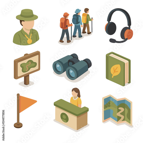 Nature Tour Icons. Isometric Flat icon set of guided nature tours: guide avatar, group of hikers, audio headset, informational