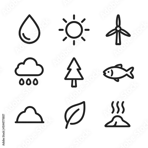Natural Resources Icons. Outline icon set of natural resources: freshwater drop, sunlight beam, wind turbine, raincloud, forest