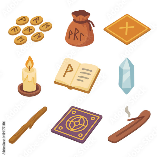 Rune Divination Tools. Isometric Flat icon set of rune divination tools: rune stones, rune pouch, cloth mat, candle, interpretive