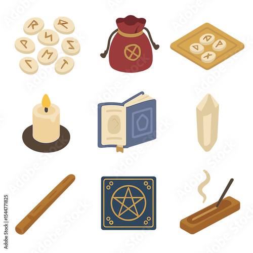 Rune Divination Tools. Isometric Flat icon set of rune divination tools: rune stones, rune pouch, cloth mat, candle, interpretive