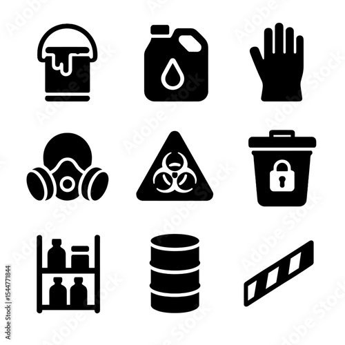 Hazardous Materials Icons. Solid, filled icons set of hazardous materials and safe storage: paint can,