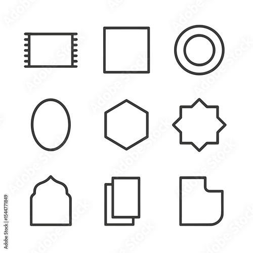 Rug Shape Icons. Outline icon set of rug shapes and sizes: rectangle runner, square accent, round medallion, oval vintage, hexagon