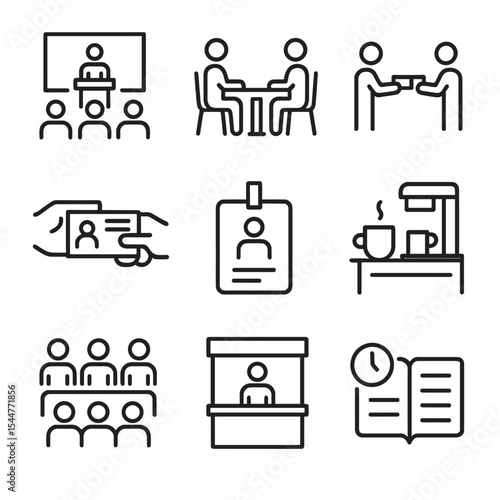 Networking Event Icons. Outline icon set of global networking events: conference stage, networking table, business card exchange,