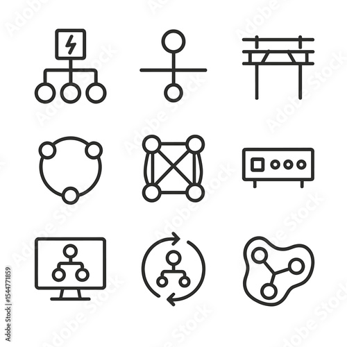 Network Topology Icons. Outline icon set of network topology mapping: substation node, distribution feeder, transmission line,