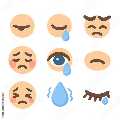 Sadness Facial Icons. Isometric Flat icon set of facial features conveying sadness: drooping eyelid, single tear, furrowed brow,