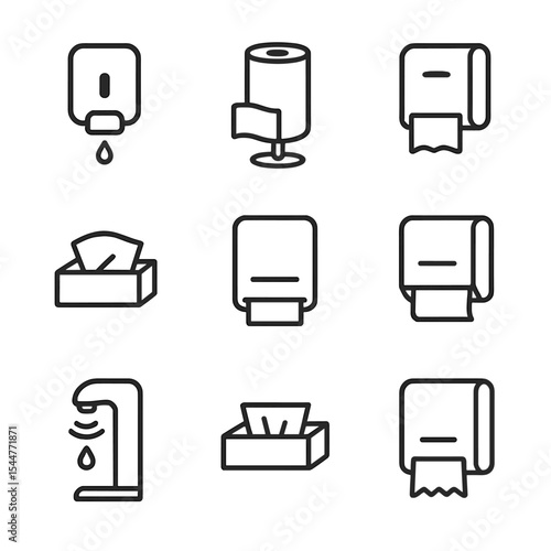 Dispenser Icon Set. Outline icon set of dispenser styles: wall-mounted dispenser, countertop holder, center-pull dispenser, floor