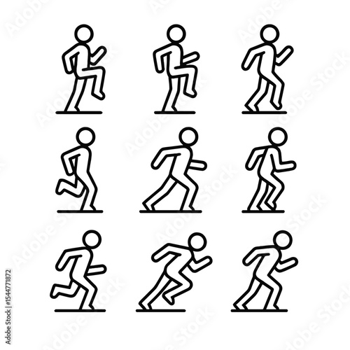 Running Drill Icons. Outline icon set of running drill exercises: high knees, A-skip, B-skip, butt kicks, striders, Carioca,