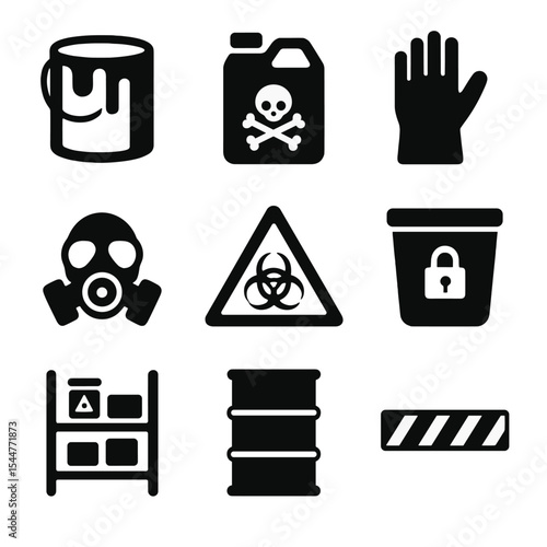 Hazardous Materials Icons. Solid, filled icons set of hazardous materials and safe storage: paint can,