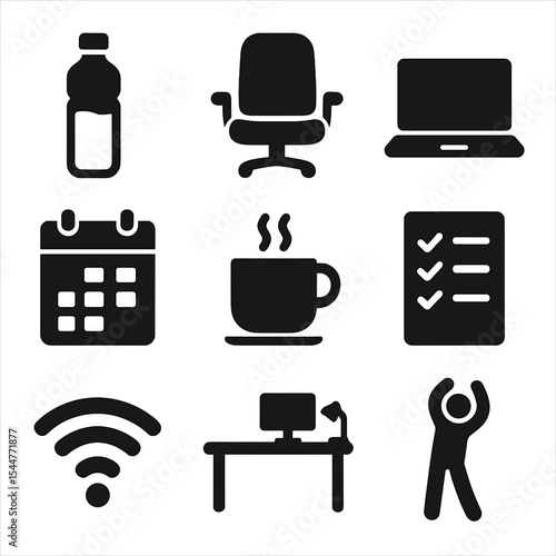 Healthy Remote Work Icons. Solid, filled icons set of healthy remote work habits: water bottle, comfy chair,