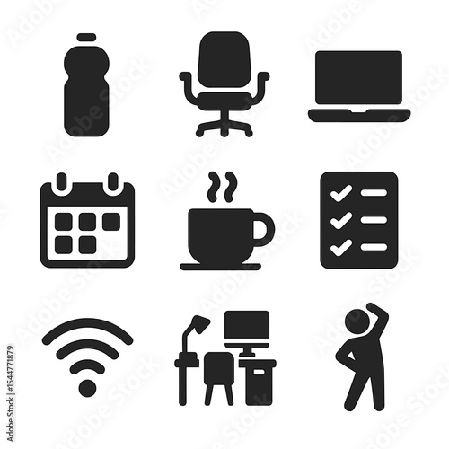 Healthy Remote Work Icons. Solid, filled icons set of healthy remote work habits: water bottle, comfy chair,