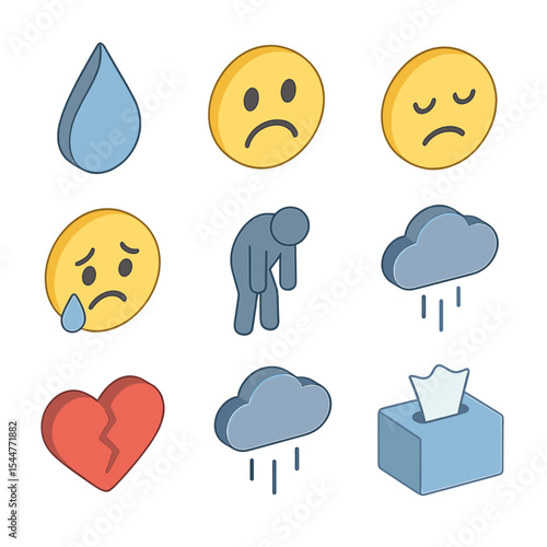 Sadness Icon Set. Isometric Flat icon set of emotional expressions of sadness: teardrop, frown face, downcast eyes, quivering lip,