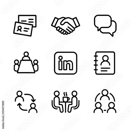 Networking Icons Grid. Outline icon set of networking skills: business card exchange, handshake, speech bubbles, conference table,