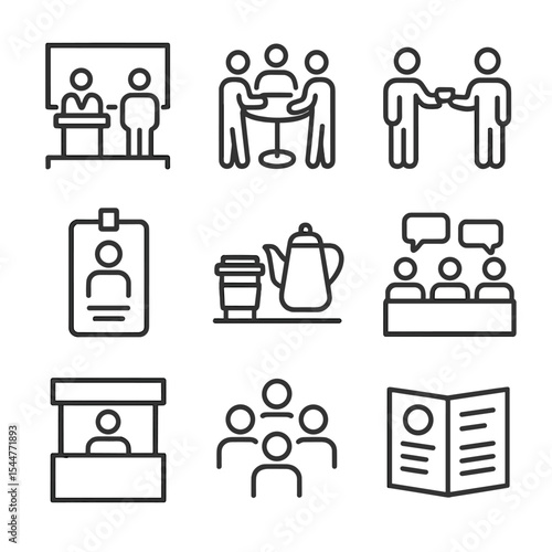 Networking Event Icons. Outline icon set of global networking events: conference stage, networking table, business card exchange,