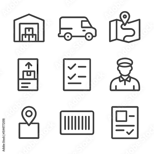 Distribution Flowchart Icons. Outline icon set of distribution flowchart: distribution center, delivery van, route map, dispatch