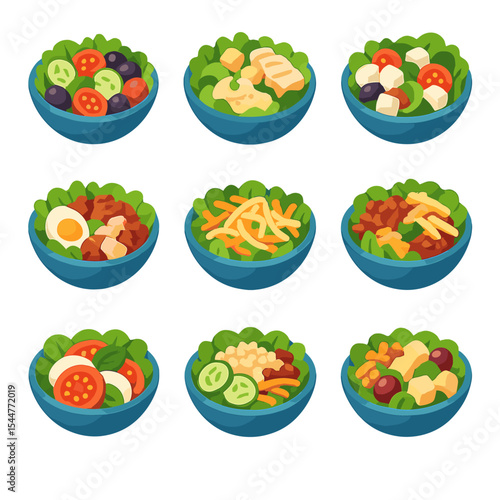 Salad Icon Collection. Isometric Flat icon set of salad bowl flavor profiles: Mediterranean, Caesar, Greek, Cobb, Waldorf, Asian