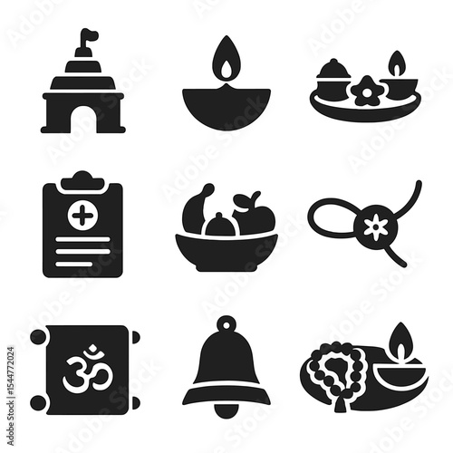 Hindu Fasting Icons. Solid, filled icons set of Hindu fasting practices: temple icon, diya lamp, offering