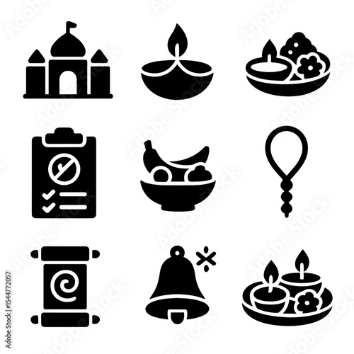 Hindu Fasting Icons. Solid, filled icons set of Hindu fasting practices: temple icon, diya lamp, offering