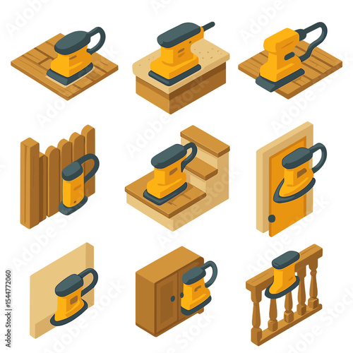 DIY Renovation Icons. Isometric Flat icon set of DIY renovation sanding: floor sanding, countertop refinishing, deck resurfacing,