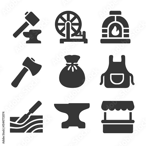 Historical Trades Icons. Solid, filled icons set of historical trades and craftsmanship: forge hammer, loom