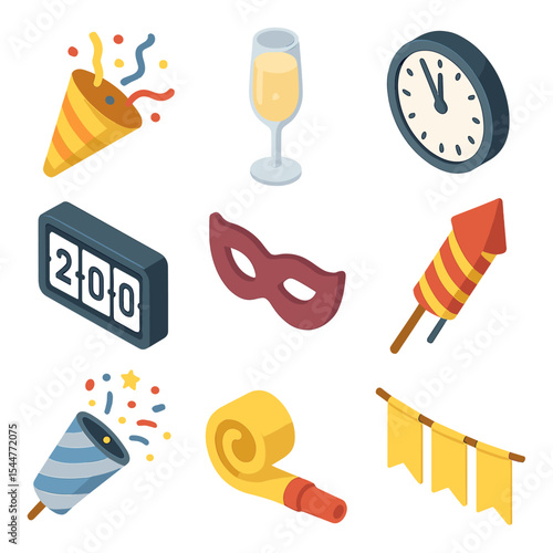 New Year's Icon Set. Isometric Flat icon set of New Year’s Eve celebration: party popper, champagne flute, clock at midnight,
