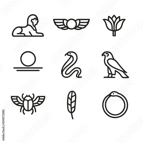 Sarcophagus Icon Set. Outline icon set of sarcophagus symbolic motifs: sphinx guardian, winged sun, lotus blossom, solar disk,