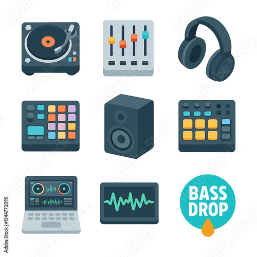 DJ Equipment Icons. Isometric Flat icon set of DJ and Electronic Music: DJ turntable, mixer, headphones, synthesizer pad,