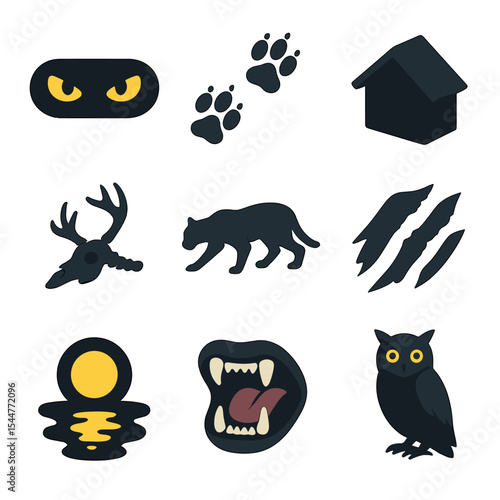 Night Beast Icon Set. Isometric Flat icon set of beast life by night: glowing eyes pair, paw print trail, roof silhouette,