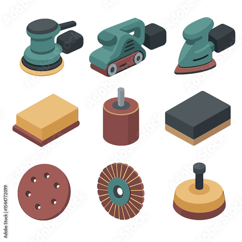Sanding Tools Icons. Isometric Flat icon set of sanding tools and machines: orbital sander, belt sander, detail sander, sanding