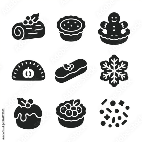 Holiday Pastry Icons. Solid, filled icons set of holiday pastries and desserts: yule log, mince pie,