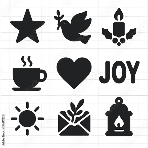 Holiday Icon Harmony. Solid, filled icons set of holiday card messages and wishes: star icon, peaceful wish,